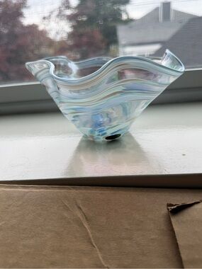 Blue Swirl Hand-Blown Glass Mini Wave Bowl “Snowflake Twist” Glass Eye Studio
